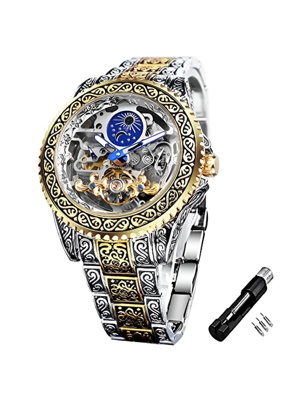 Vintage Watch for Men Engraved Automatic Self-Wind Mechanical Big Dial